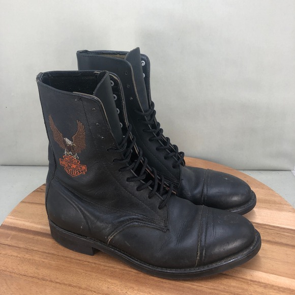 Harley Davidson Vintage Black Leather Eagle Logo Lace Up Biker Boots Mens 8.5 D